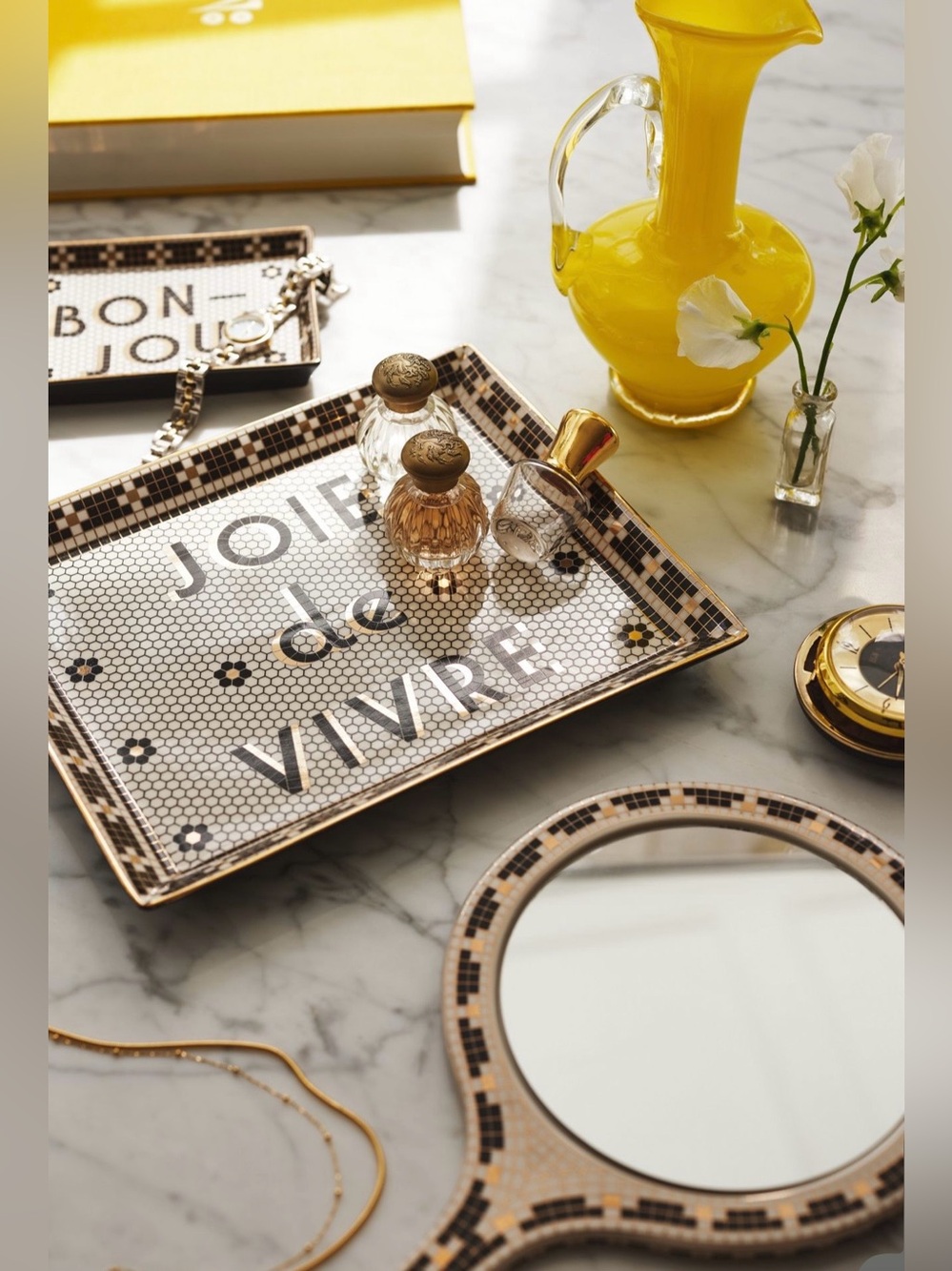 Anthropologie Bistro Tile Stoneware 24k Gold Accent Tray, JOIE de VIVRE